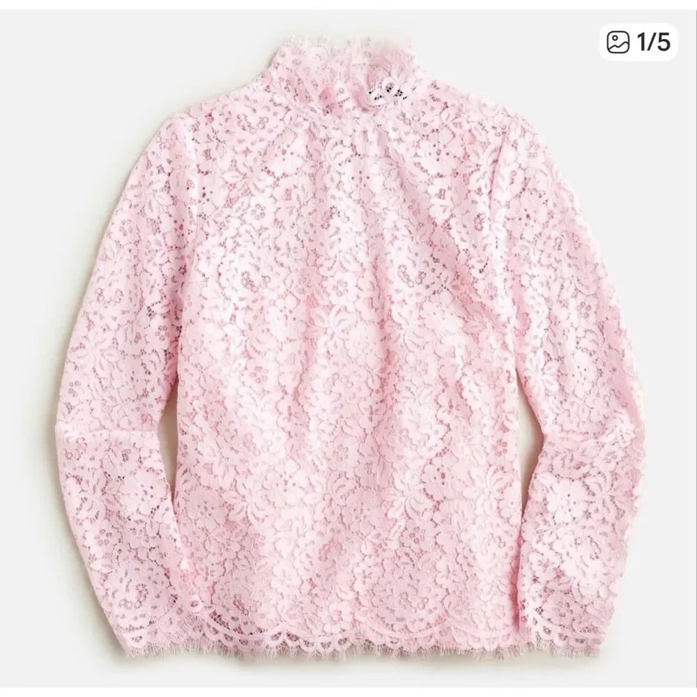 J.Crew Scalloped Lace Mockneck Top Pink Floral Lined Womens Size 12 Blouse NWOT - Picture 1 of 10